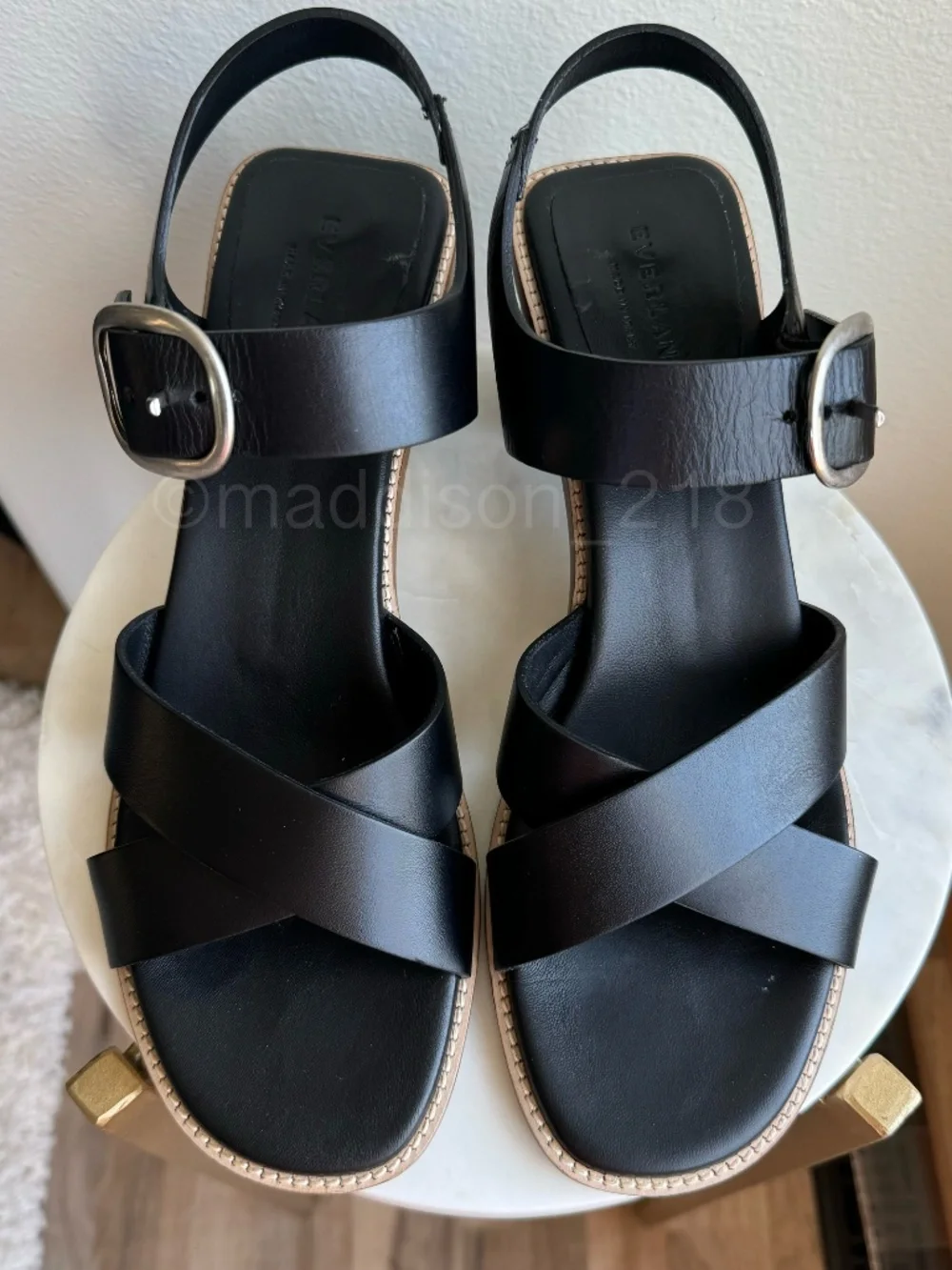 Everlane Leather Buckle Heel Sandals Black size 10 Block Chunky Heel Big Buckle - Picture 11 of 16